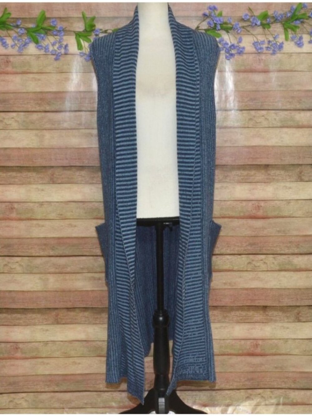 Isaac Mizrahi Live Long Sleeveless Striped Cardigan Sweater Open Front Size L